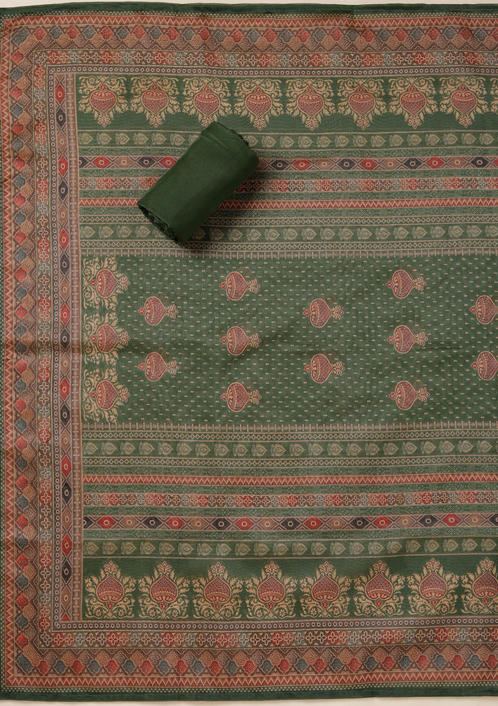 Leaf Green Multi Chanderi Ombre Threadwork Unstitched Dress Material With Matching Bottom And Dupatta