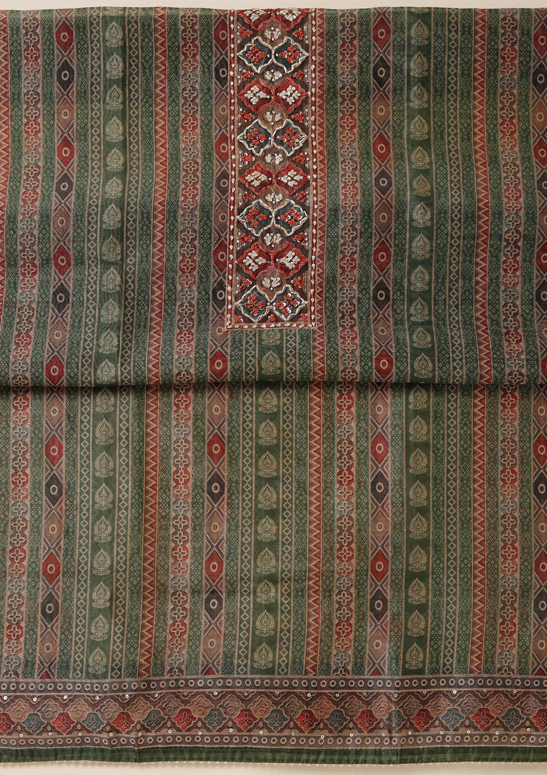 Leaf Green Multi Chanderi Ombre Threadwork Unstitched Dress Material With Matching Bottom And Dupatta