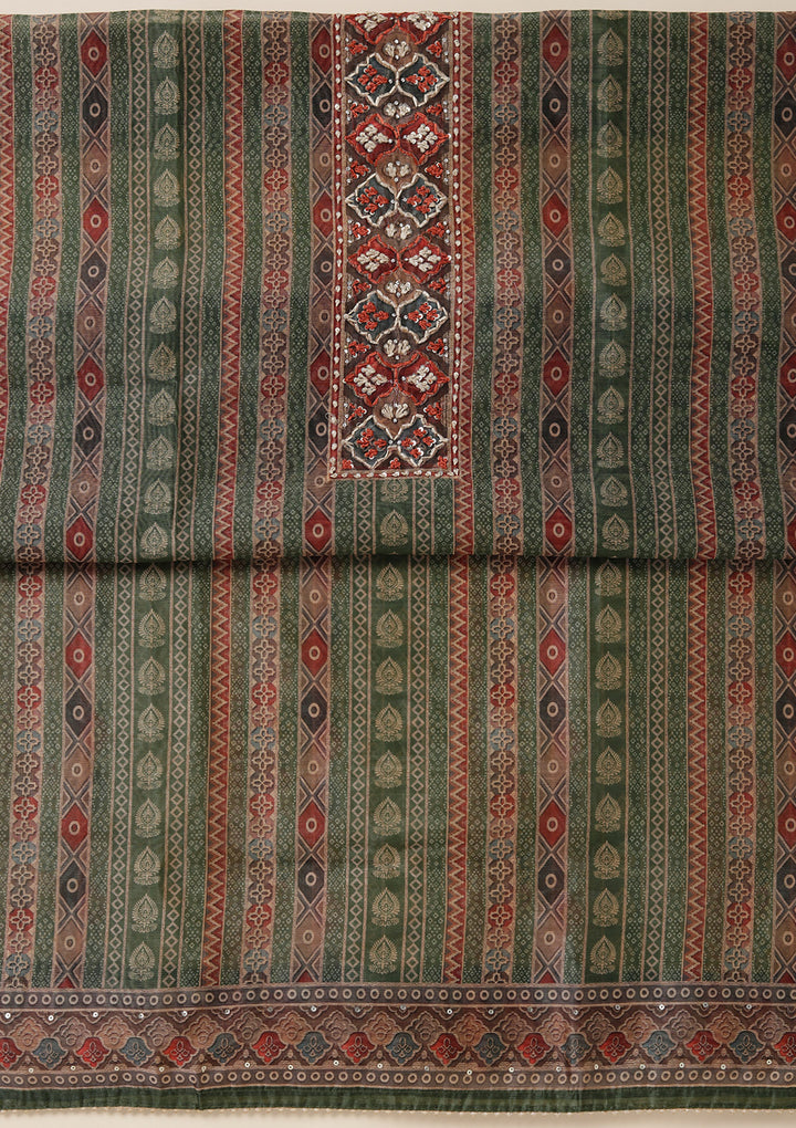 Leaf Green Multi Chanderi Ombre Threadwork Unstitched Dress Material With Matching Bottom And Dupatta