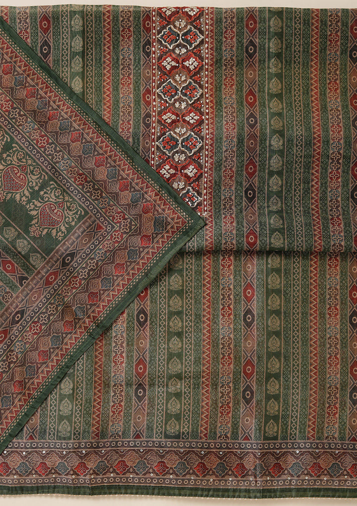 Leaf Green Multi Chanderi Ombre Threadwork Unstitched Dress Material With Matching Bottom And Dupatta