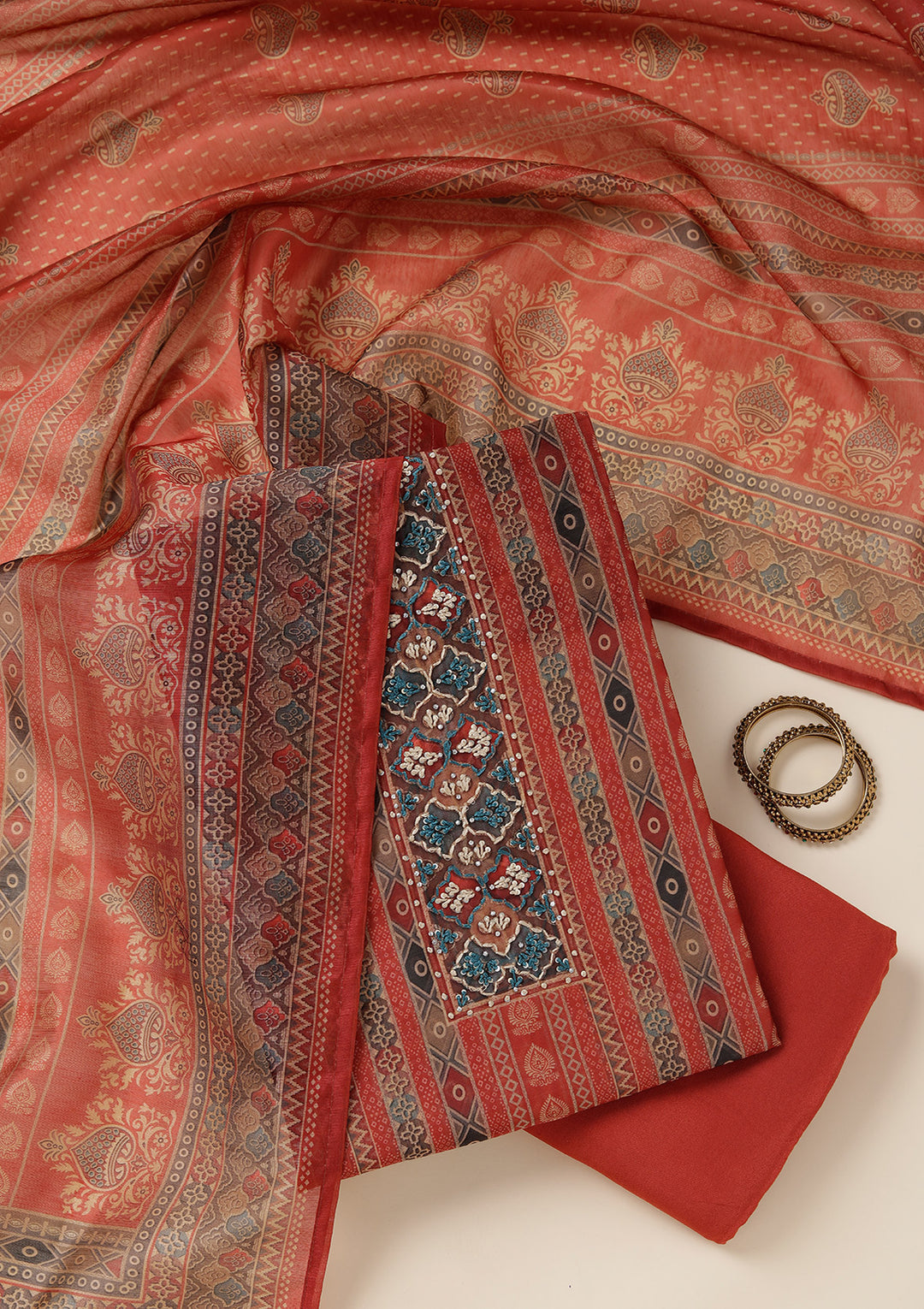 Rust Multi Chanderi Ombre Threadwork Unstitched Dress Material With Matching Bottom And Dupatta