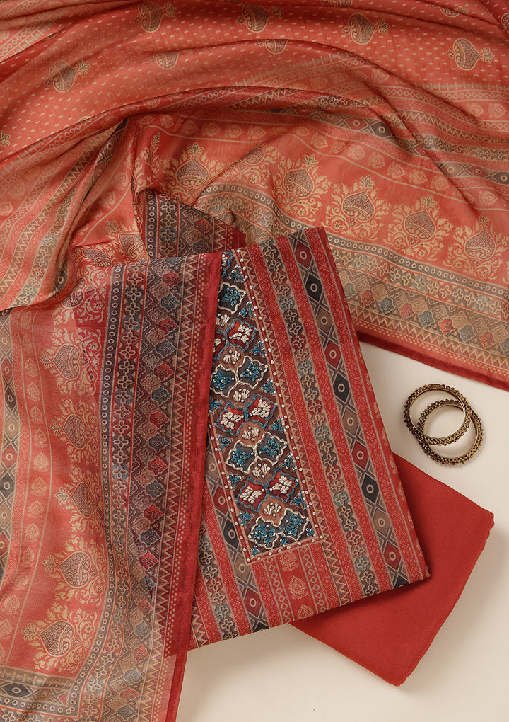 Rust Multi Chanderi Ombre Threadwork Unstitched Dress Material With Matching Bottom And Dupatta