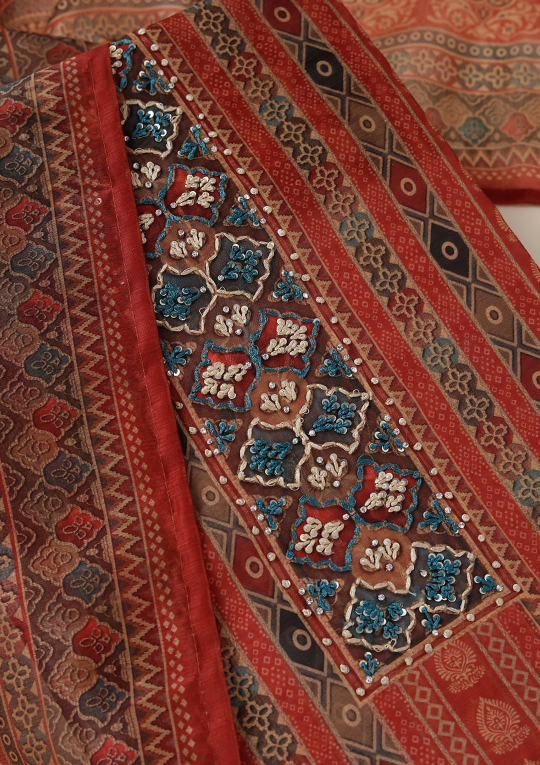 Rust Multi Chanderi Ombre Threadwork Unstitched Dress Material With Matching Bottom And Dupatta