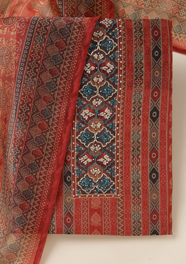Rust Multi Chanderi Ombre Threadwork Unstitched Dress Material With Matching Bottom And Dupatta