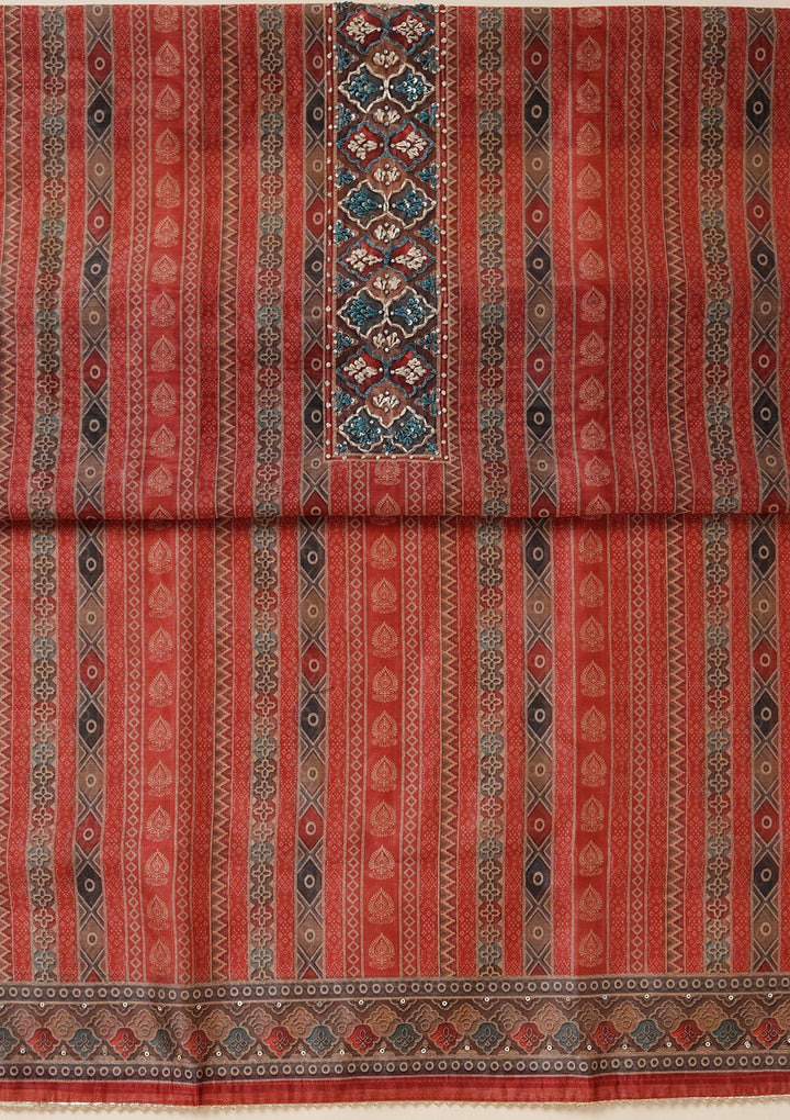 Rust Multi Chanderi Ombre Threadwork Unstitched Dress Material With Matching Bottom And Dupatta
