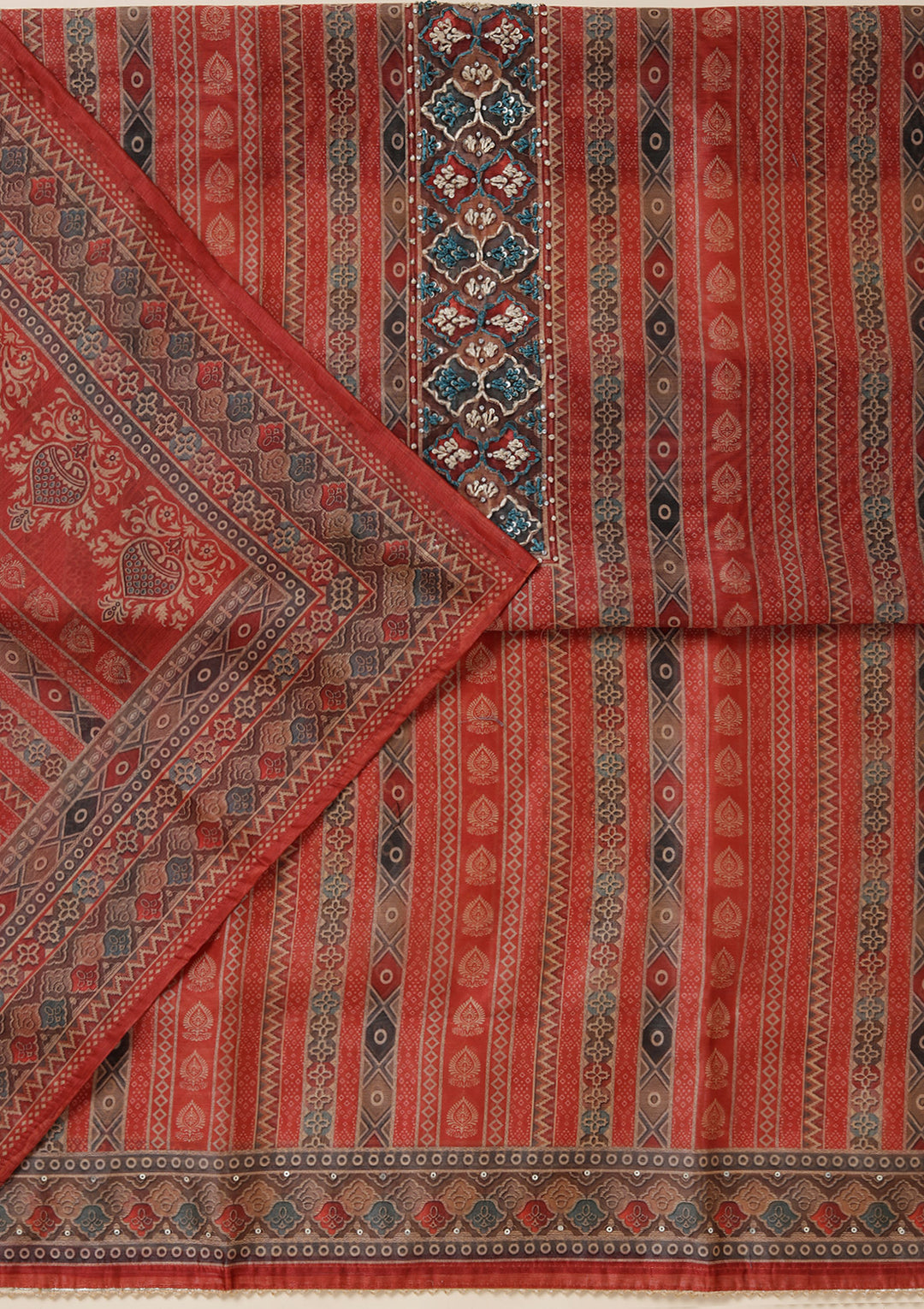 Rust Multi Chanderi Ombre Threadwork Unstitched Dress Material With Matching Bottom And Dupatta