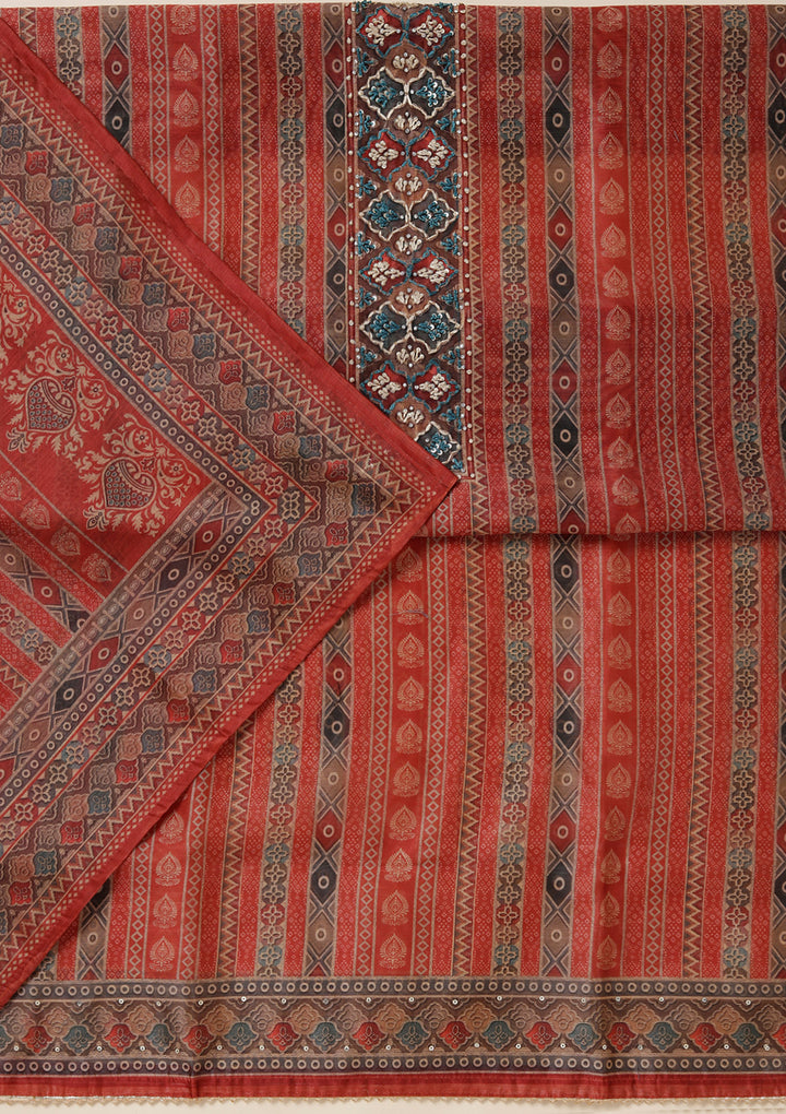 Rust Multi Chanderi Ombre Threadwork Unstitched Dress Material With Matching Bottom And Dupatta