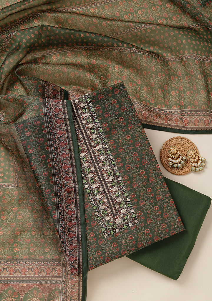 Leaf Green Chanderi Floral Threadwork Unstitched Dress Material With Matching Bottom And Dupatta