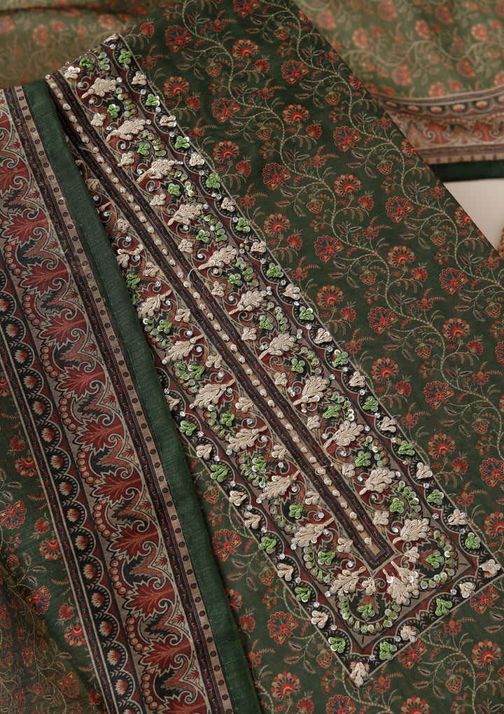 Leaf Green Chanderi Floral Threadwork Unstitched Dress Material With Matching Bottom And Dupatta