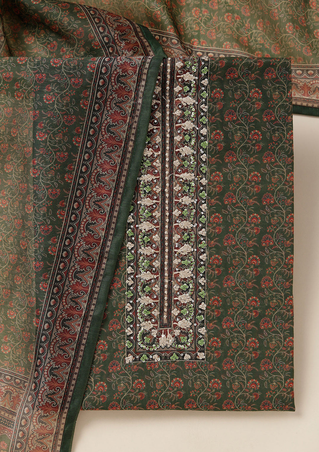 Leaf Green Chanderi Floral Threadwork Unstitched Dress Material With Matching Bottom And Dupatta