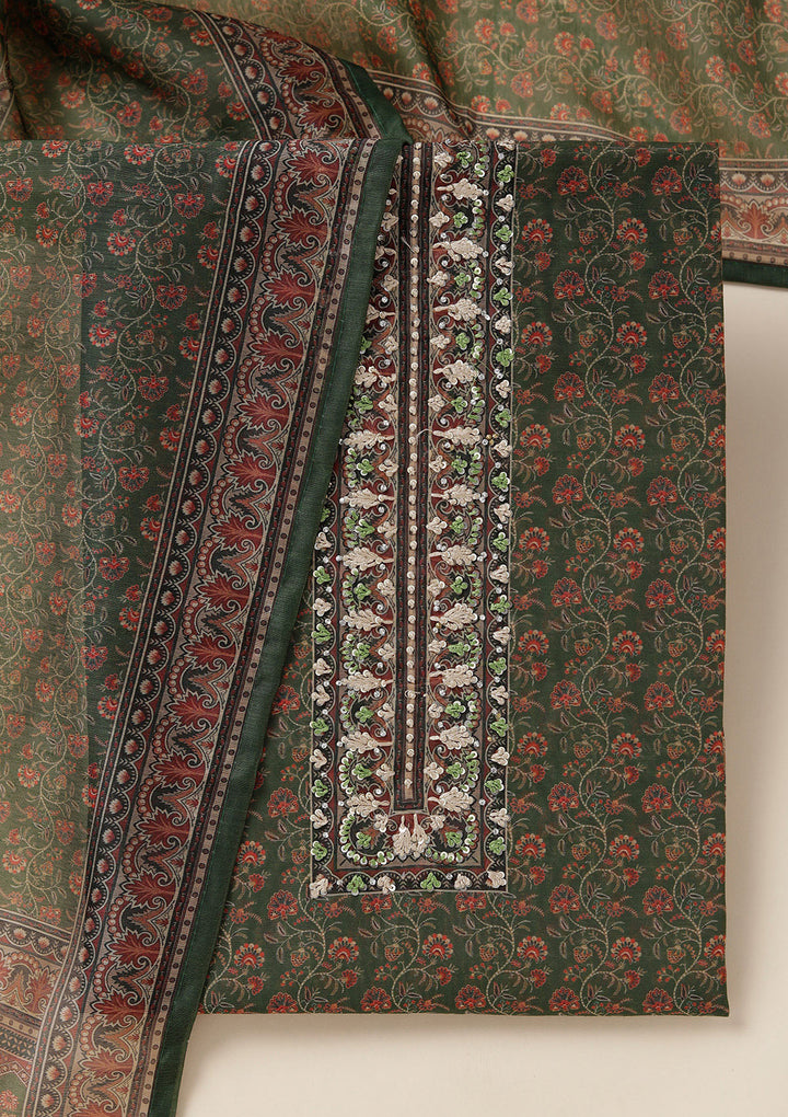 Leaf Green Chanderi Floral Threadwork Unstitched Dress Material With Matching Bottom And Dupatta