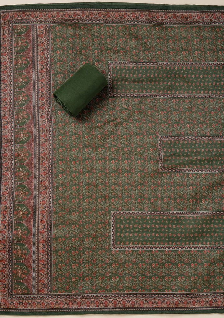 Leaf Green Chanderi Floral Threadwork Unstitched Dress Material With Matching Bottom And Dupatta