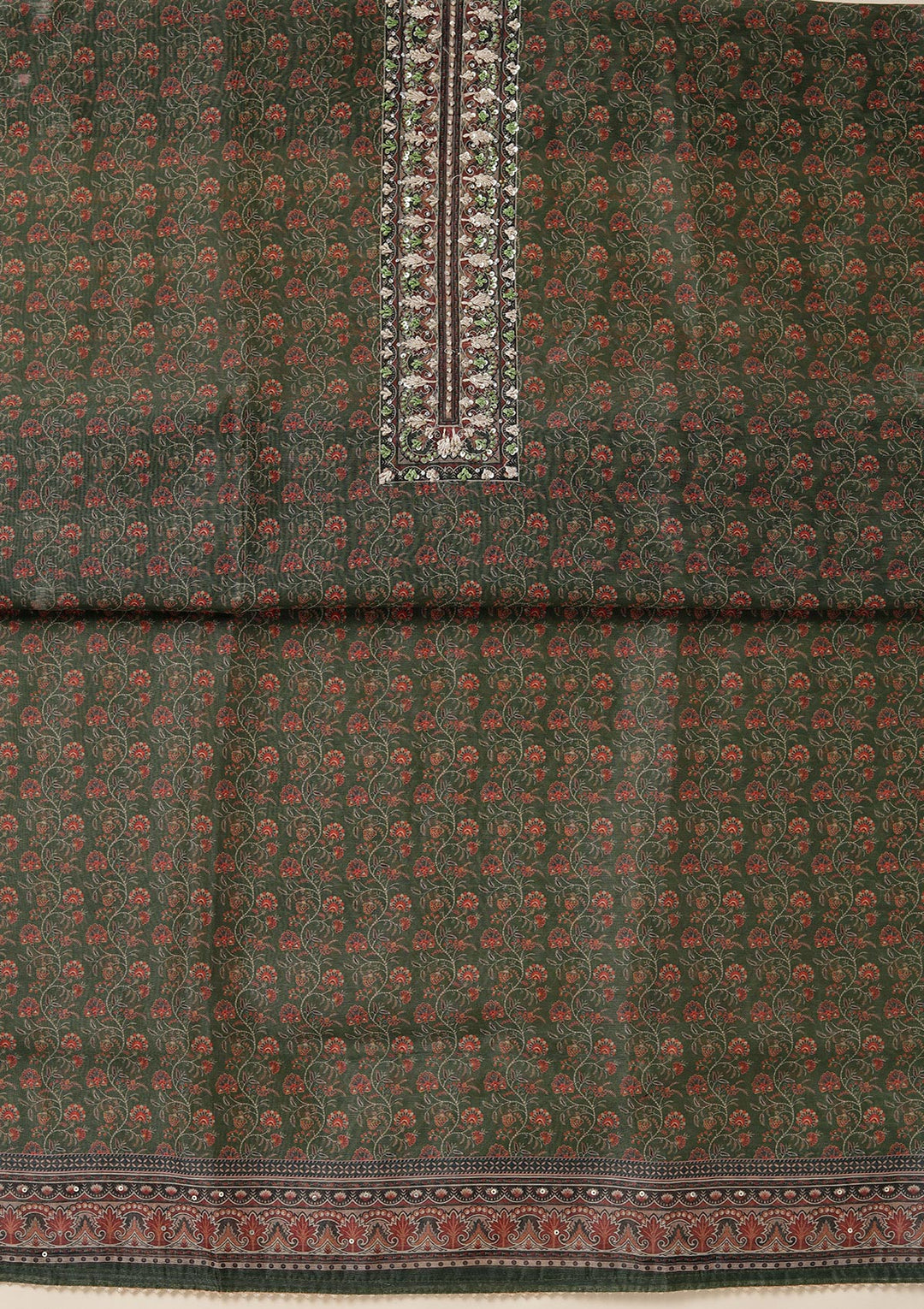 Leaf Green Chanderi Floral Threadwork Unstitched Dress Material With Matching Bottom And Dupatta