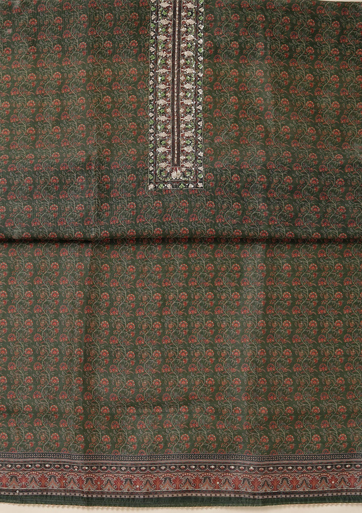 Leaf Green Chanderi Floral Threadwork Unstitched Dress Material With Matching Bottom And Dupatta