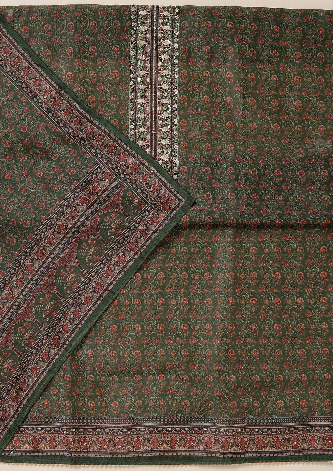 Leaf Green Chanderi Floral Threadwork Unstitched Dress Material With Matching Bottom And Dupatta