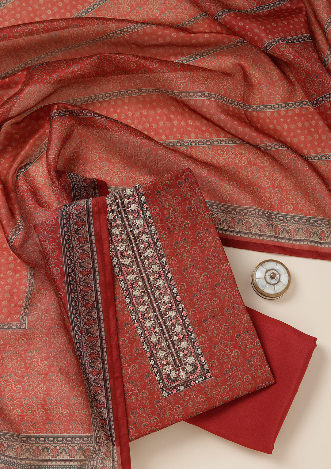 Rust Chanderi Floral Threadwork Unstitched Dress Material With Matching Bottom And Dupatta
