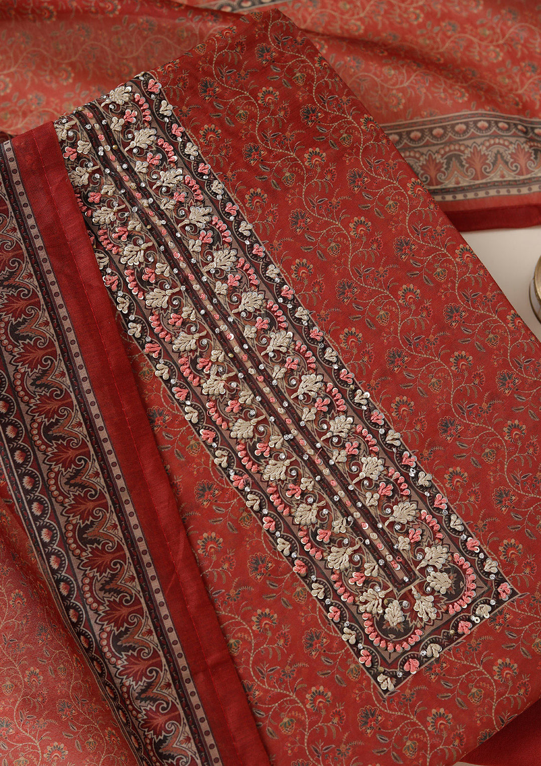 Rust Chanderi Floral Threadwork Unstitched Dress Material With Matching Bottom And Dupatta