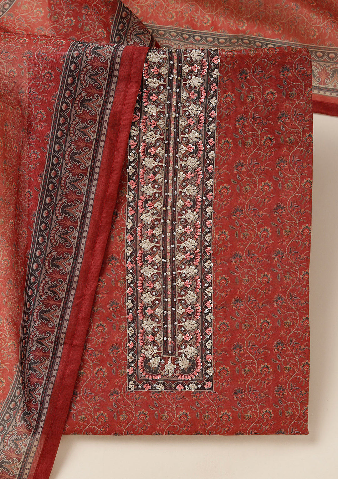 Rust Chanderi Floral Threadwork Unstitched Dress Material With Matching Bottom And Dupatta