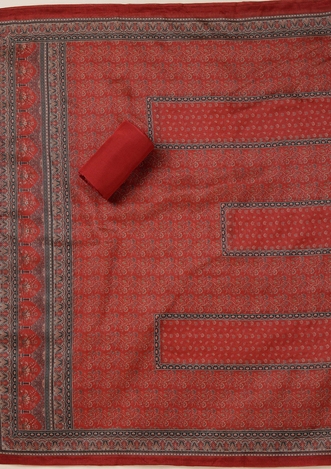 Rust Chanderi Floral Threadwork Unstitched Dress Material With Matching Bottom And Dupatta