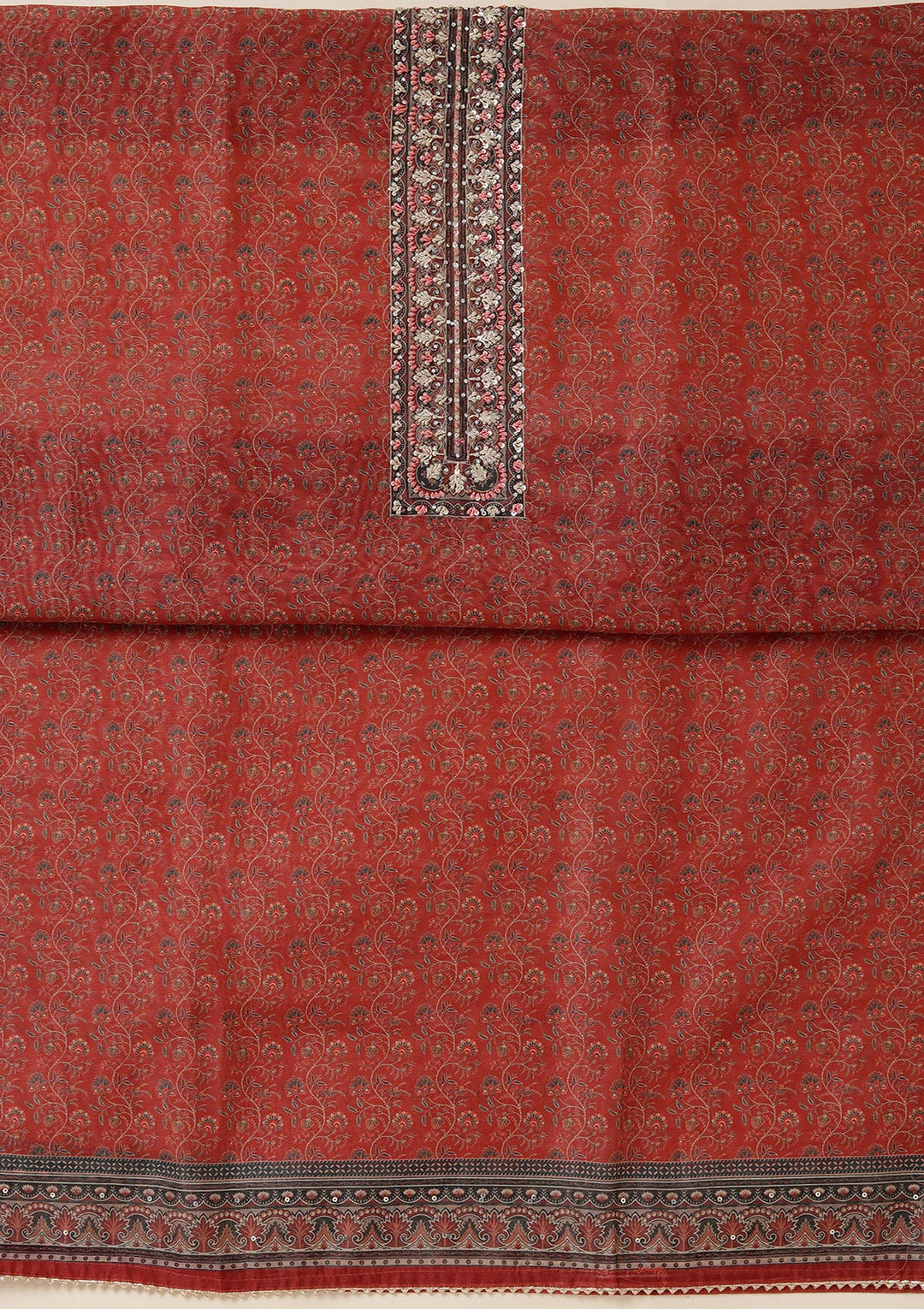 Rust Chanderi Floral Threadwork Unstitched Dress Material With Matching Bottom And Dupatta