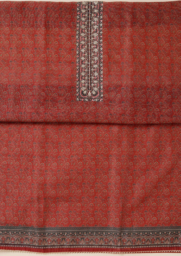 Rust Chanderi Floral Threadwork Unstitched Dress Material With Matching Bottom And Dupatta