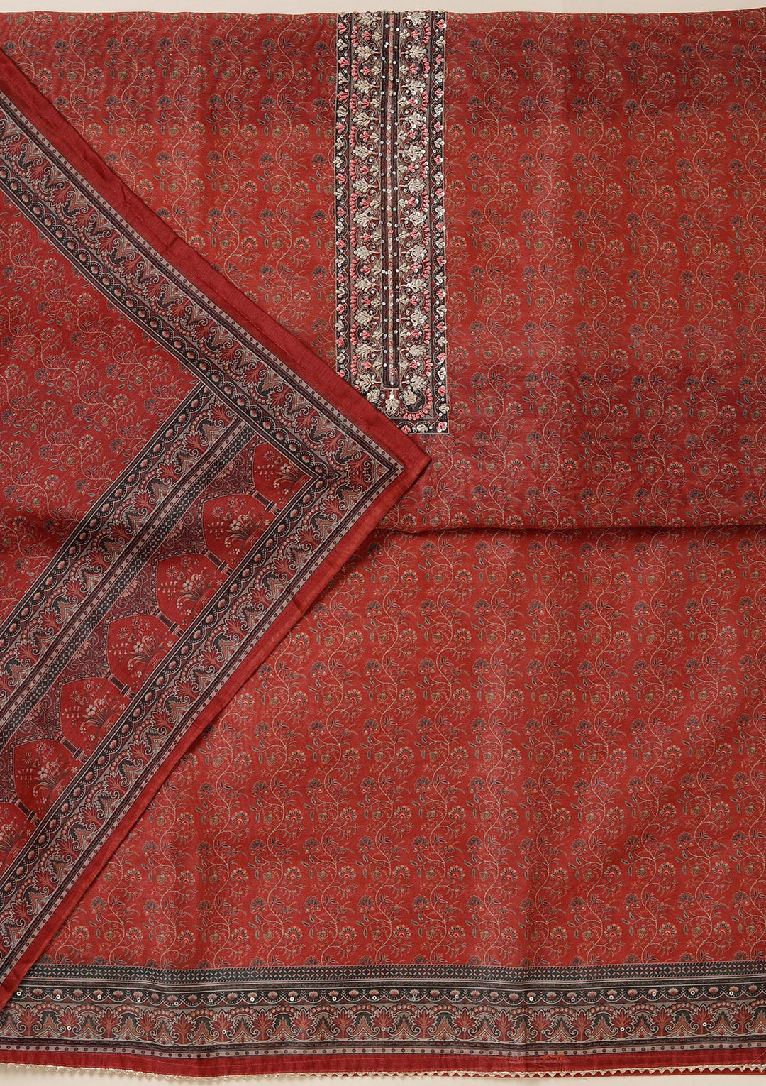 Rust Chanderi Floral Threadwork Unstitched Dress Material With Matching Bottom And Dupatta