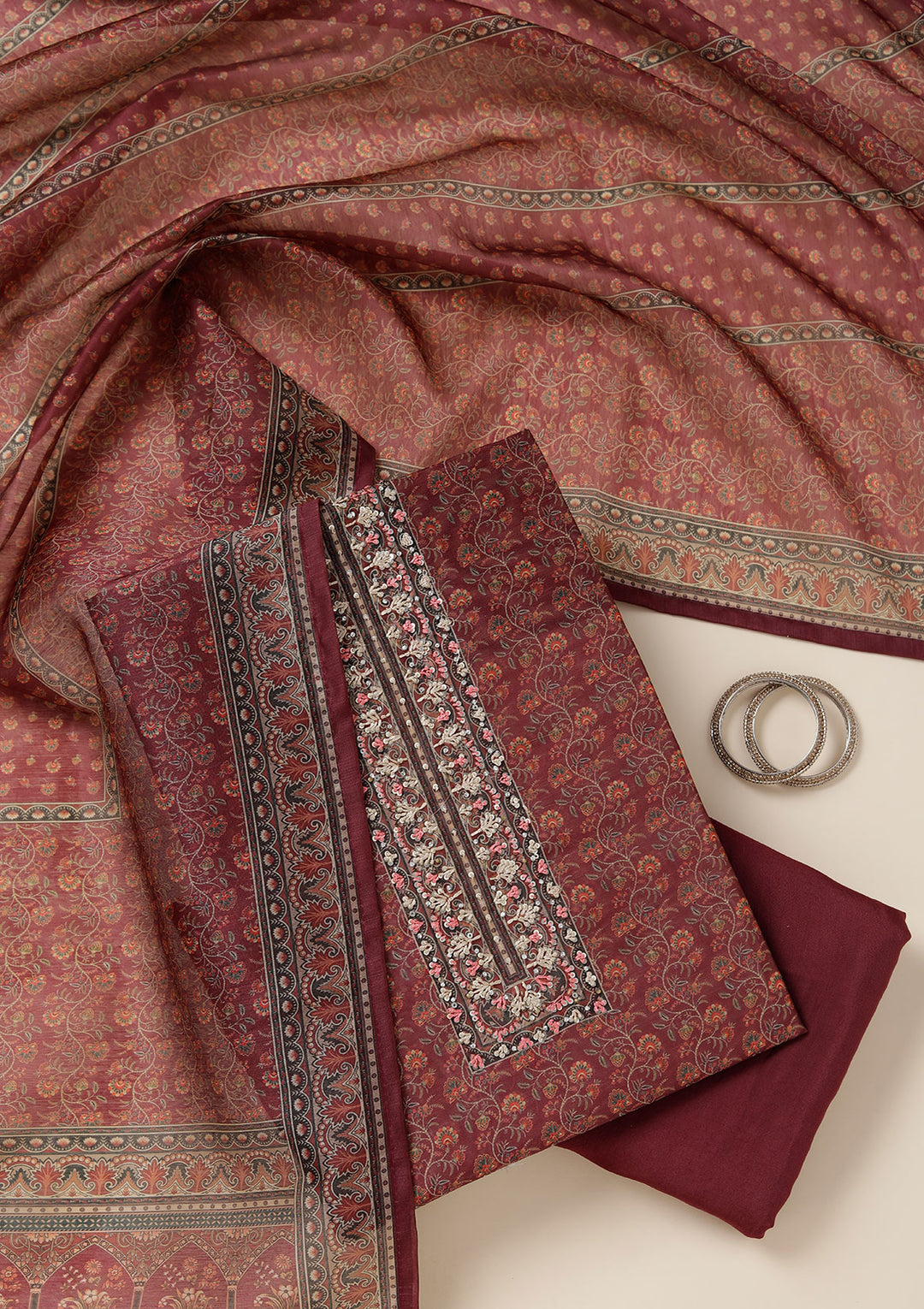 Wine Chanderi Floral Threadwork Unstitched Dress Material With Matching Bottom And Dupatta