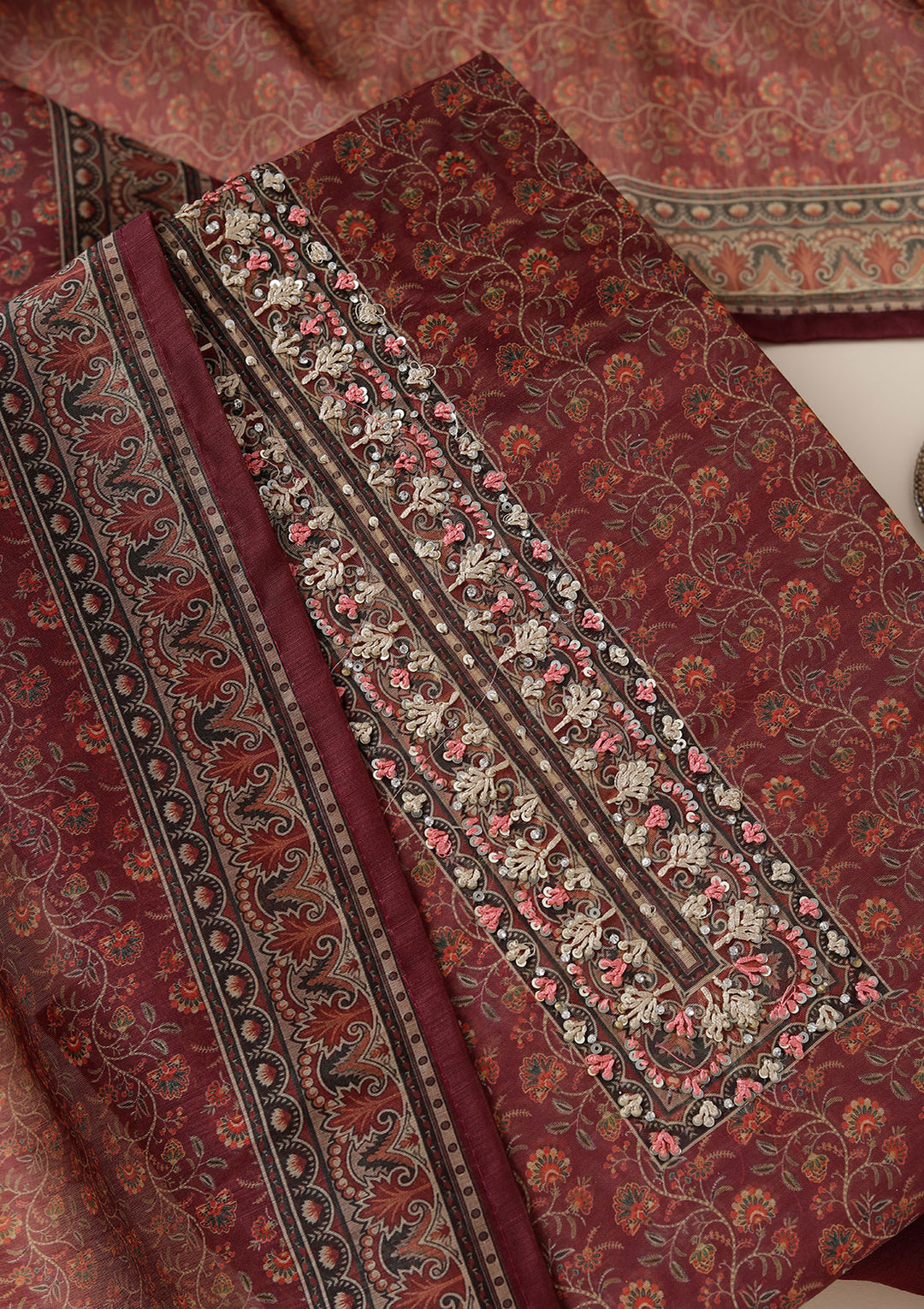 Wine Chanderi Floral Threadwork Unstitched Dress Material With Matching Bottom And Dupatta