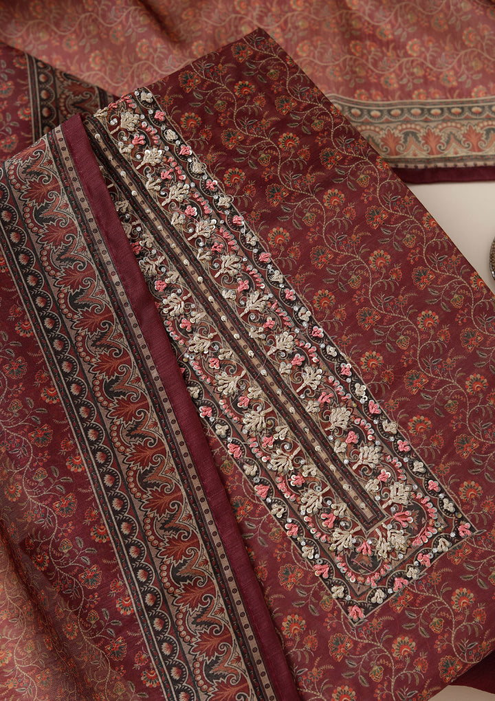 Wine Chanderi Floral Threadwork Unstitched Dress Material With Matching Bottom And Dupatta