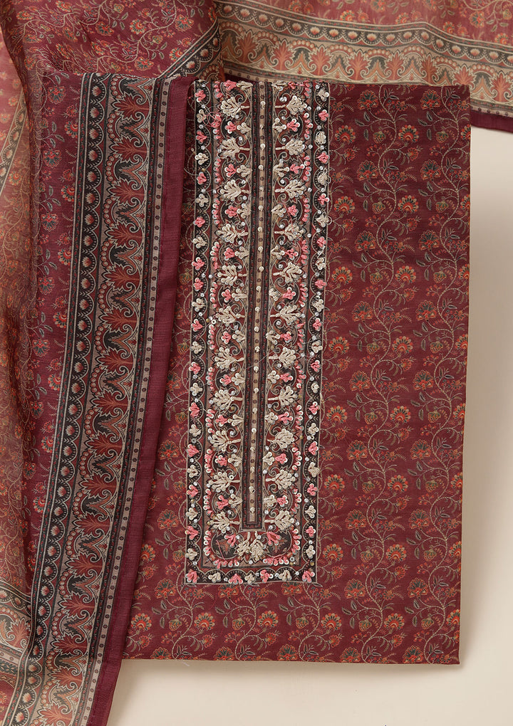 Wine Chanderi Floral Threadwork Unstitched Dress Material With Matching Bottom And Dupatta