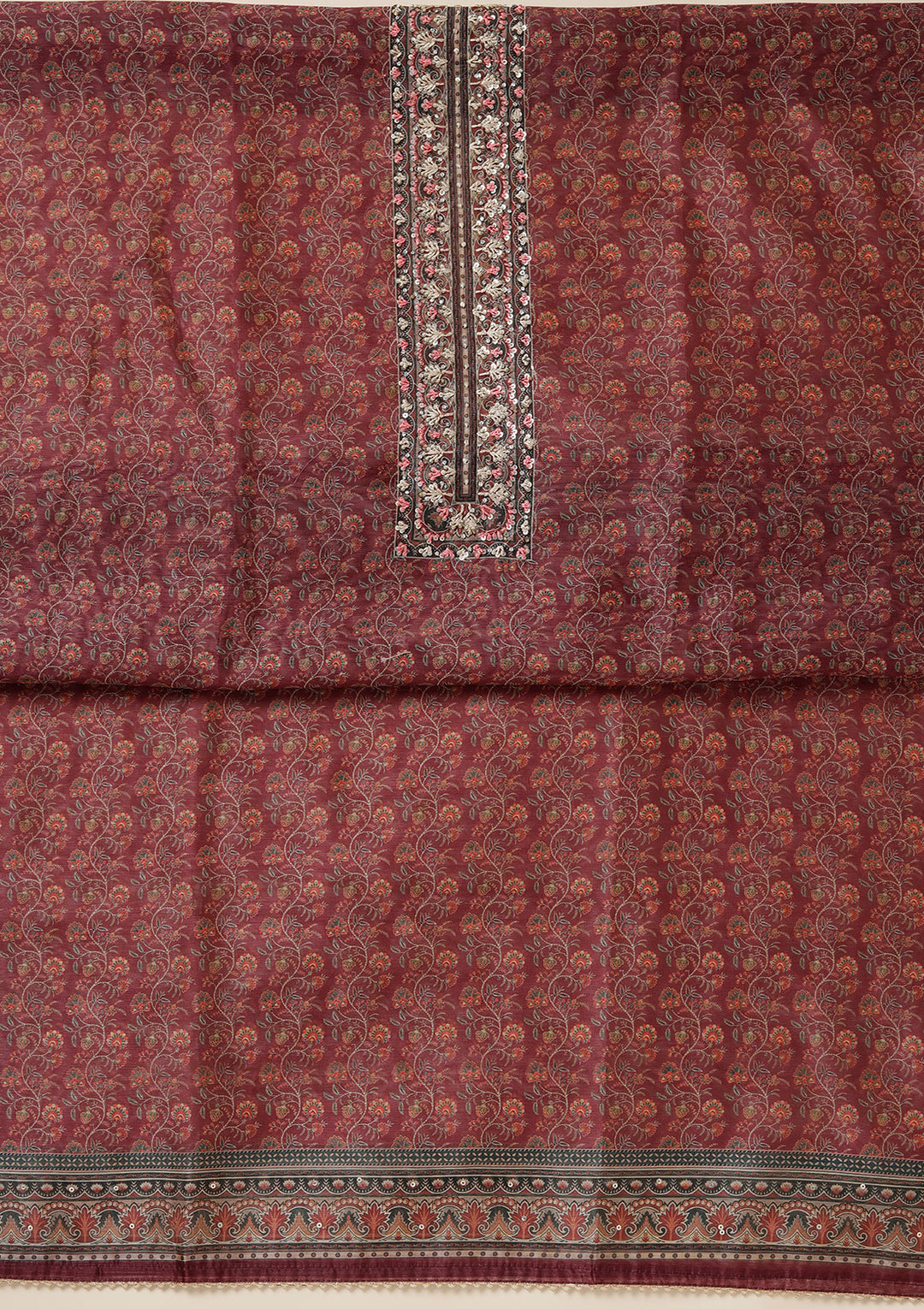 Wine Chanderi Floral Threadwork Unstitched Dress Material With Matching Bottom And Dupatta