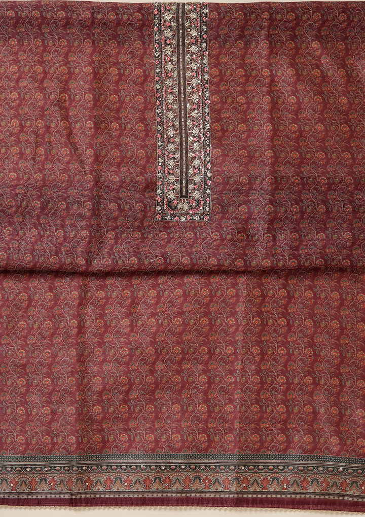 Wine Chanderi Floral Threadwork Unstitched Dress Material With Matching Bottom And Dupatta