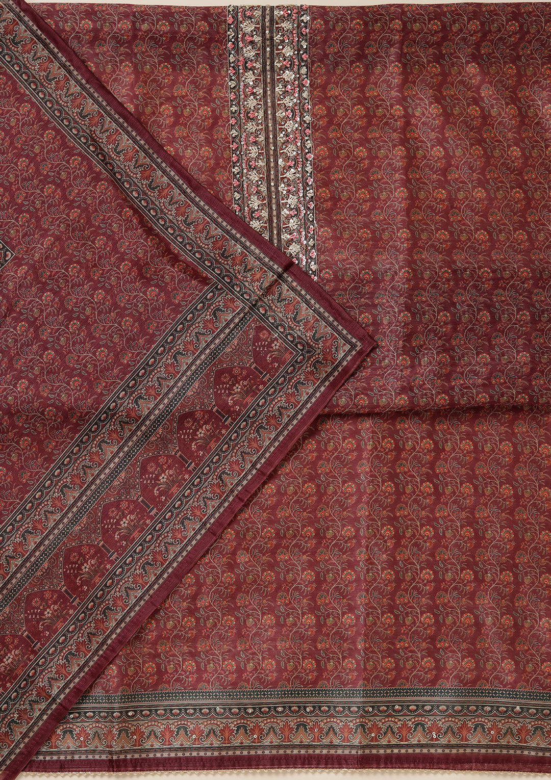 Wine Chanderi Floral Threadwork Unstitched Dress Material With Matching Bottom And Dupatta