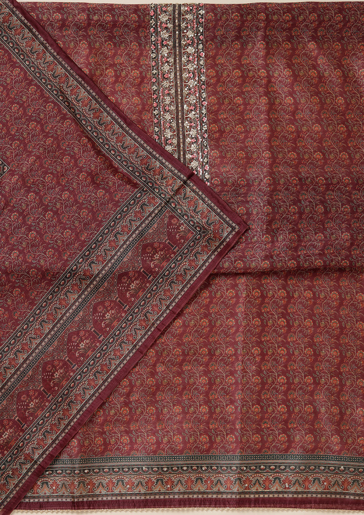 Wine Chanderi Floral Threadwork Unstitched Dress Material With Matching Bottom And Dupatta