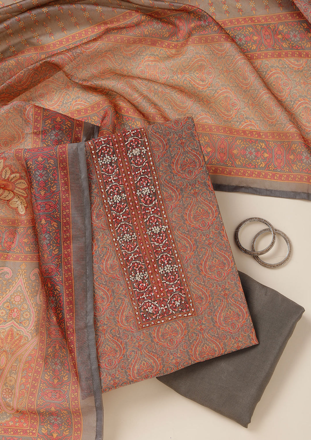 Grey Multi Chanderi Threadwork Unstitched Dress Material With Matching Bottom And Dupatta