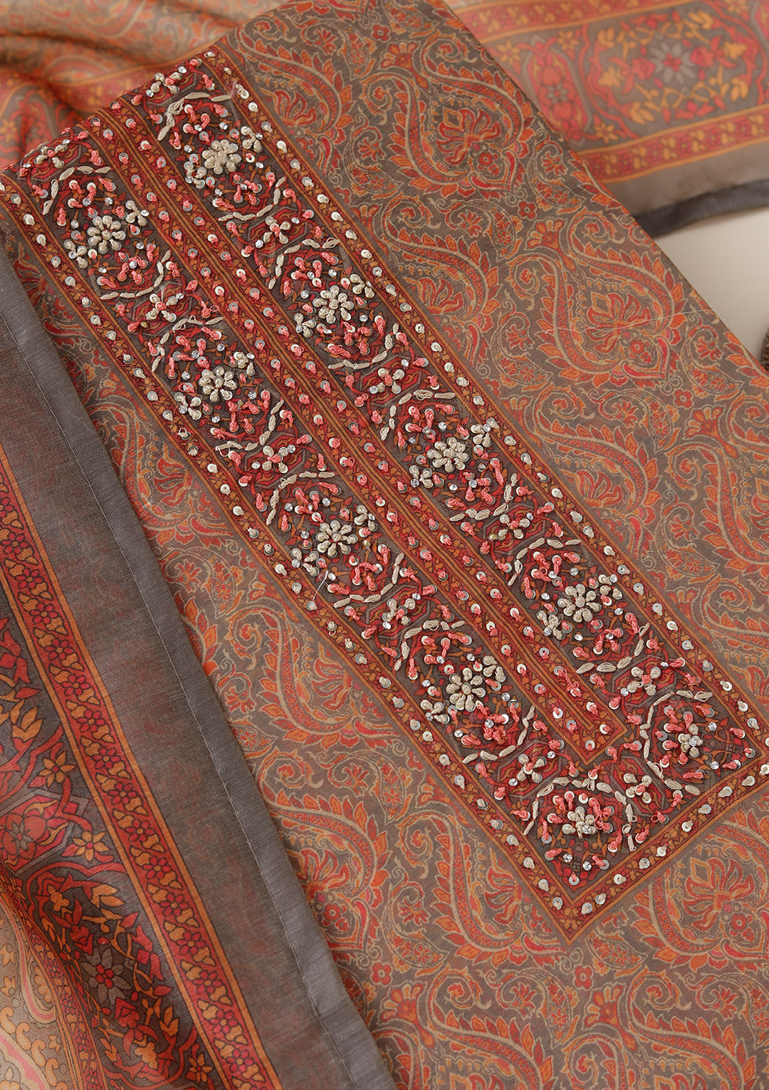 Grey Multi Chanderi Threadwork Unstitched Dress Material With Matching Bottom And Dupatta