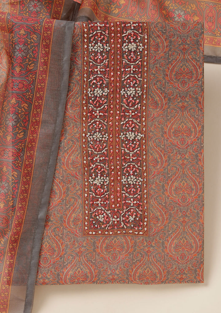 Grey Multi Chanderi Threadwork Unstitched Dress Material With Matching Bottom And Dupatta