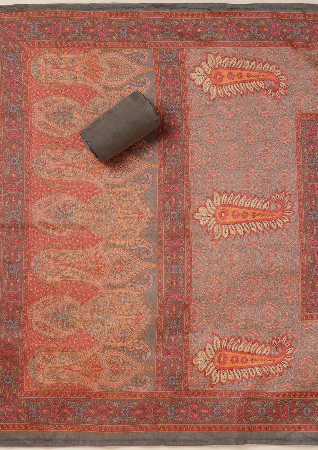 Grey Multi Chanderi Threadwork Unstitched Dress Material With Matching Bottom And Dupatta