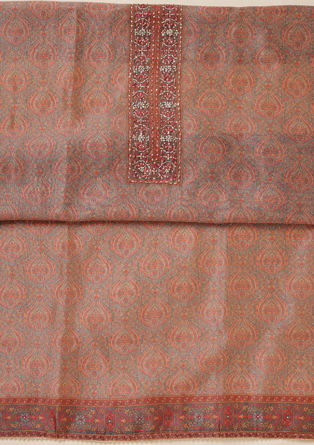 Grey Multi Chanderi Threadwork Unstitched Dress Material With Matching Bottom And Dupatta