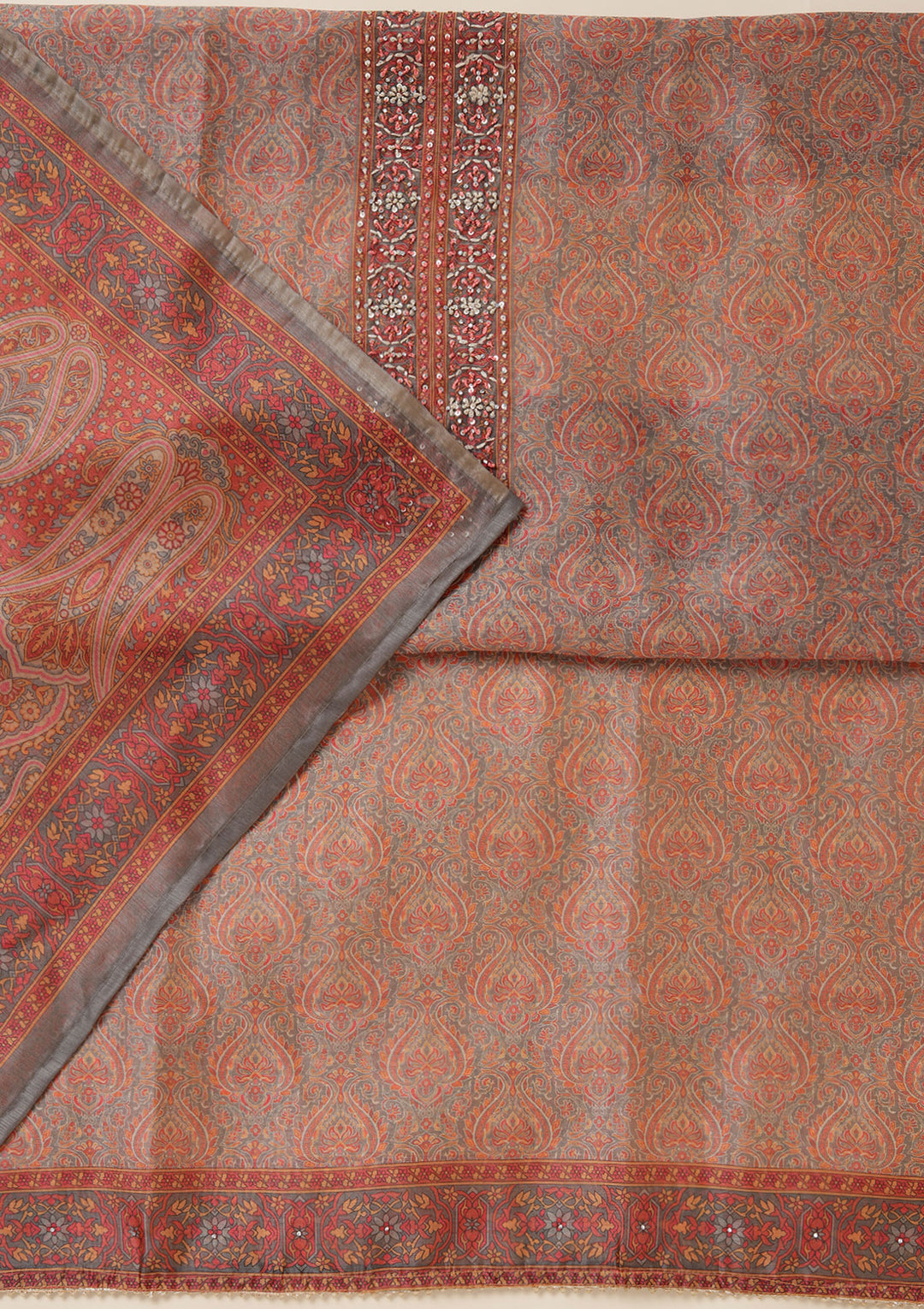 Grey Multi Chanderi Threadwork Unstitched Dress Material With Matching Bottom And Dupatta