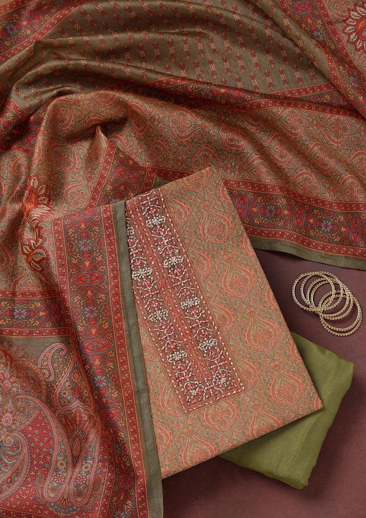 Mehendi Multi Chanderi Threadwork Unstitched Dress Material With Matching Bottom And Dupatta