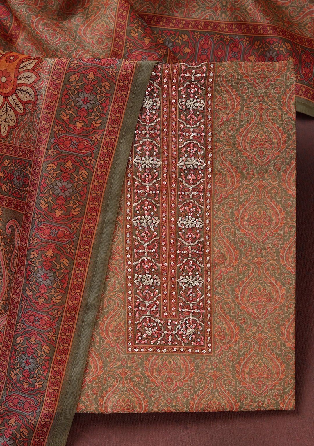 Mehendi Multi Chanderi Threadwork Unstitched Dress Material With Matching Bottom And Dupatta