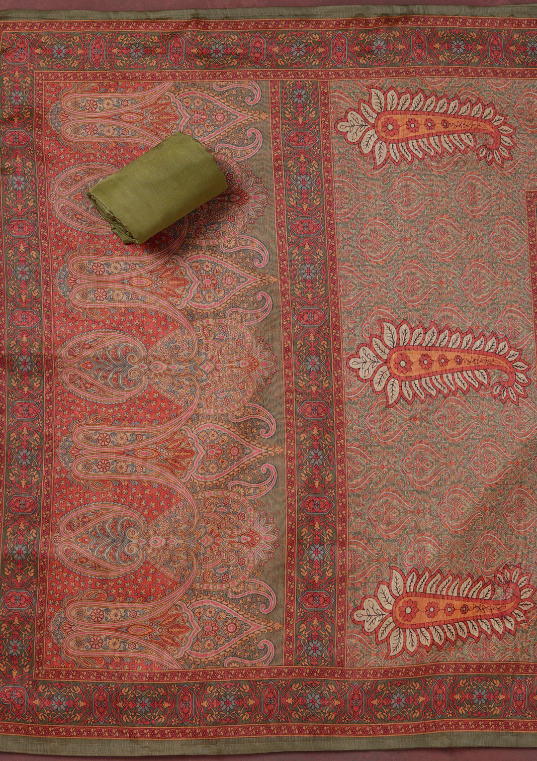 Mehendi Multi Chanderi Threadwork Unstitched Dress Material With Matching Bottom And Dupatta