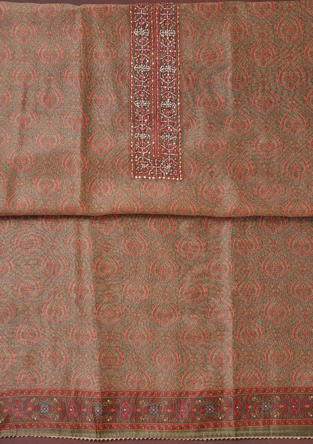 Mehendi Multi Chanderi Threadwork Unstitched Dress Material With Matching Bottom And Dupatta