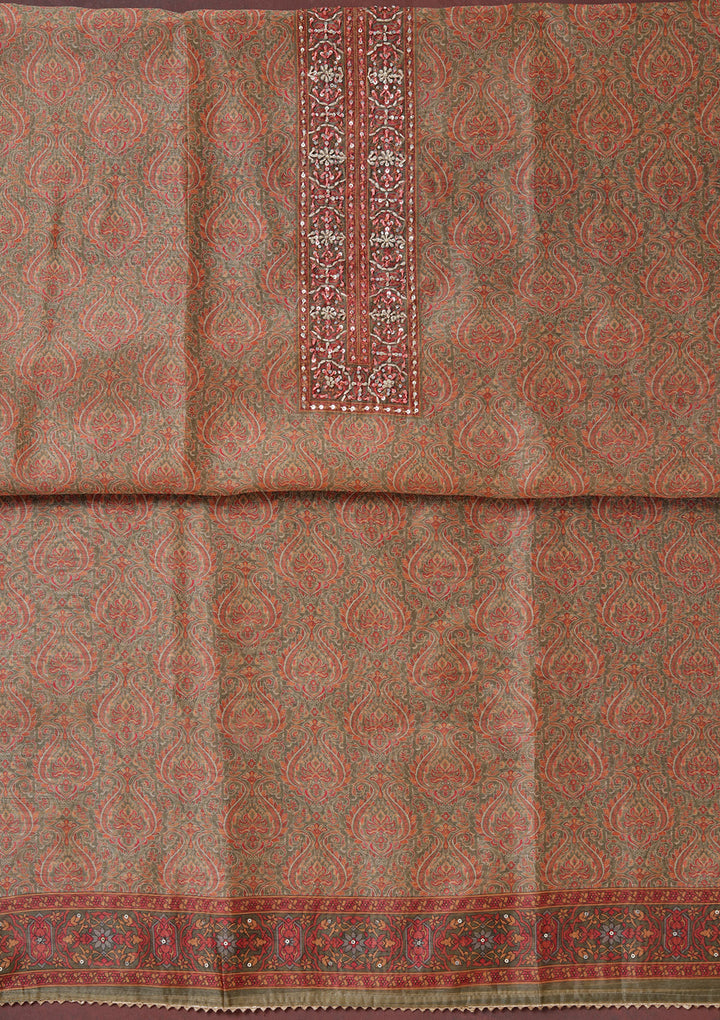 Mehendi Multi Chanderi Threadwork Unstitched Dress Material With Matching Bottom And Dupatta