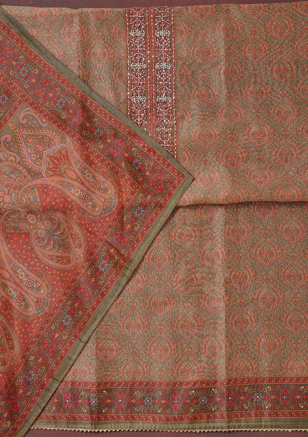 Mehendi Multi Chanderi Threadwork Unstitched Dress Material With Matching Bottom And Dupatta