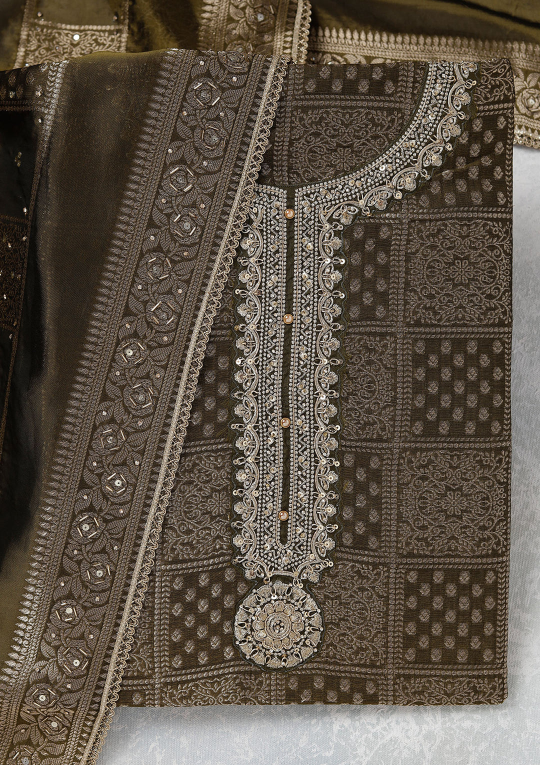 Mehendi Zariwork (Gold) Brocade Unstitched Salwar Suit