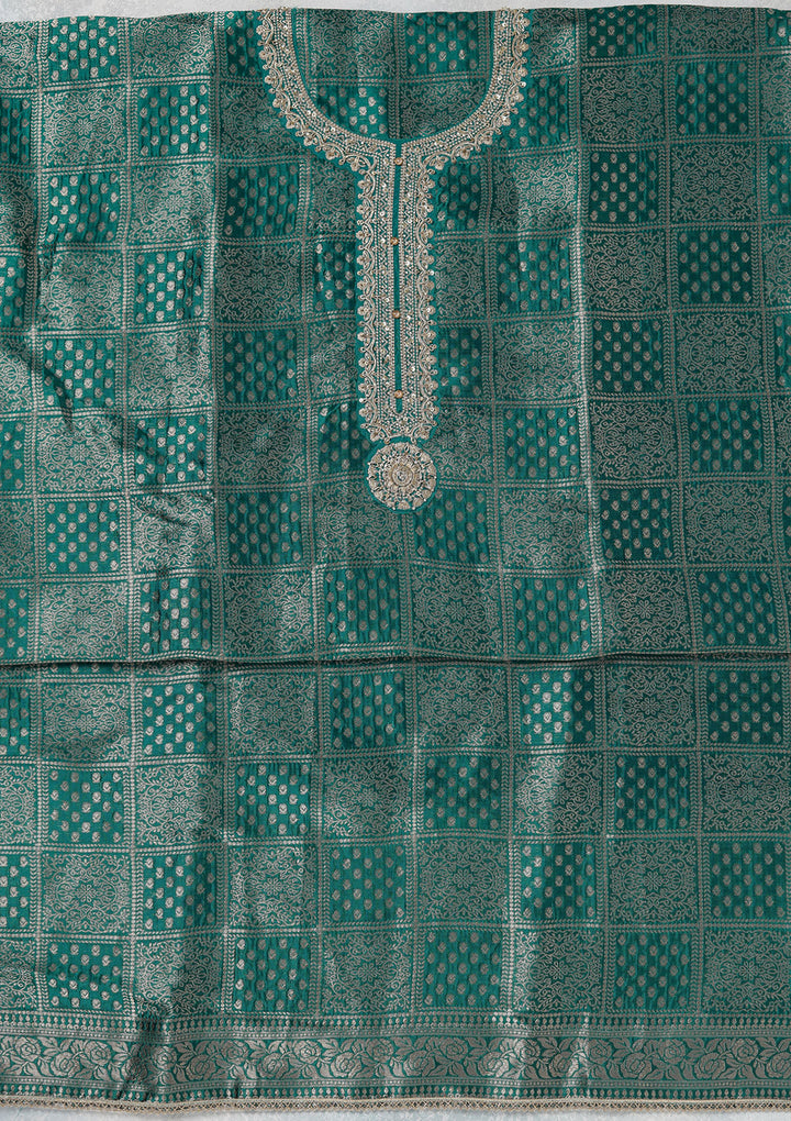 Turquoise Blue Zariwork (Gold) Brocade Unstitched Salwar Suit