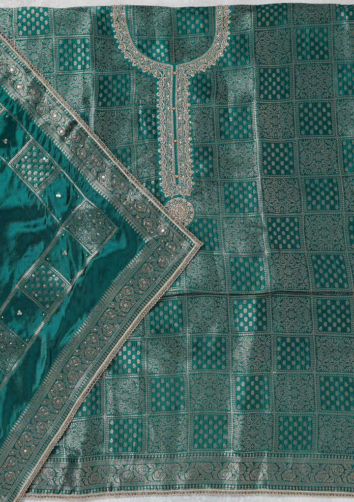 Turquoise Blue Zariwork (Gold) Brocade Unstitched Salwar Suit