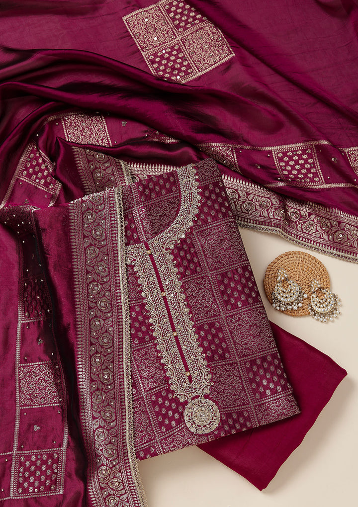 Wine Dola Silk Bandhej Gold Zariwork Unstitched Dress Material With Matching Bottom And Dupatta